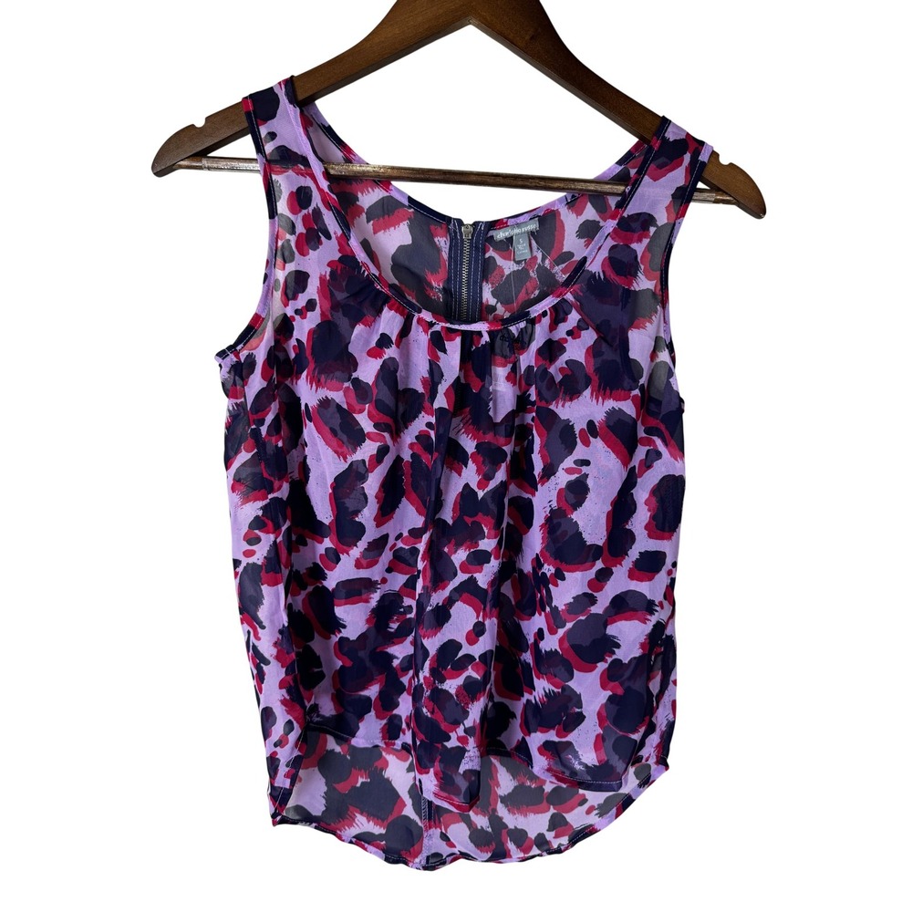 Charlotte Russe Tank Top Womens Small Purple Pink Animal Print Sheer Blouse Zip